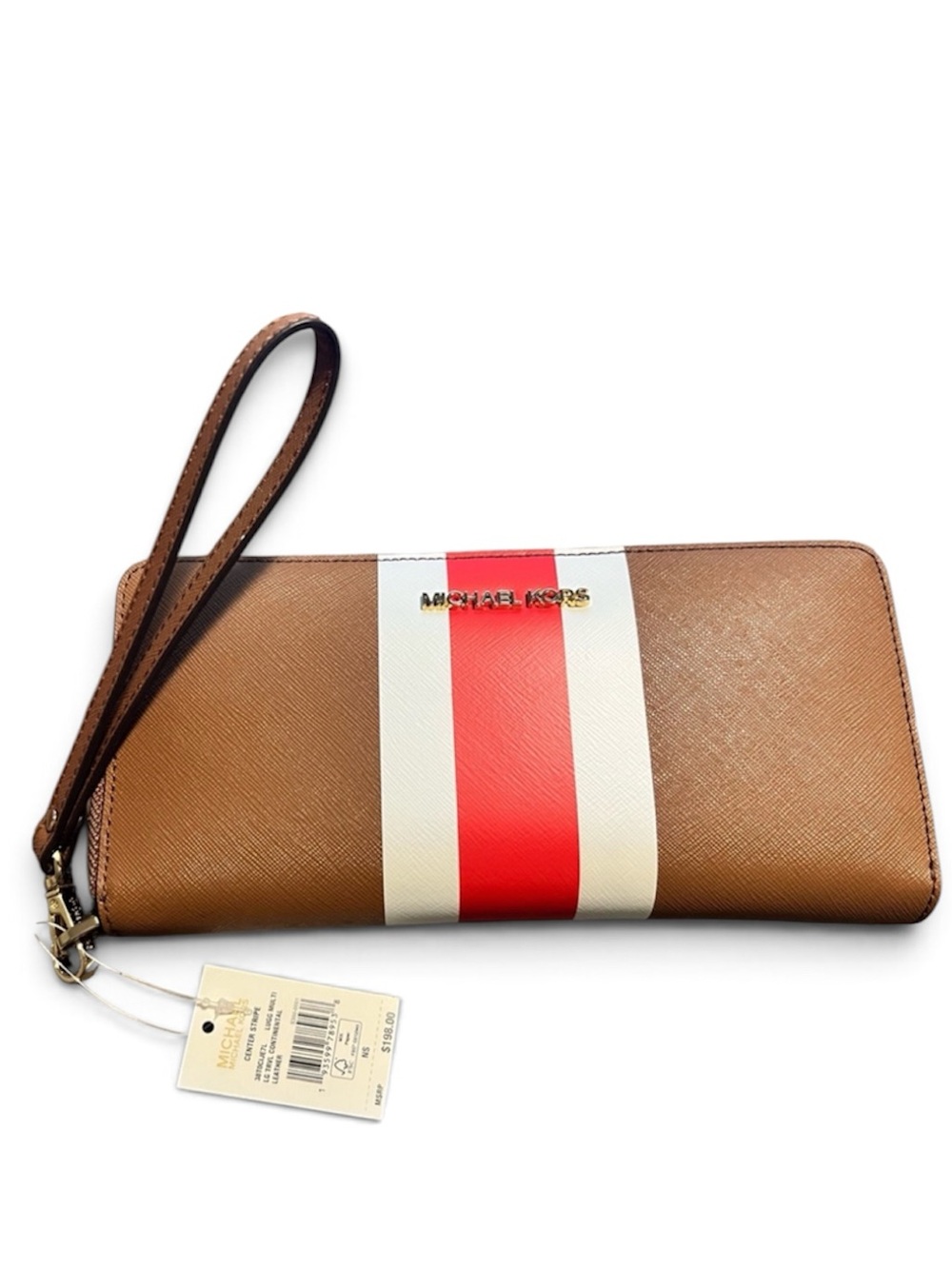 NWT Michael Kors Brown leather Wristlet Wallet with Red and White Centre Stripe